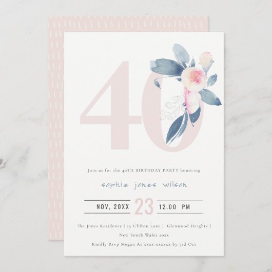 ソフトアクア赤面ブルーフローラ40TH ANY AGE誕生日 招待状 (正面/裏面)