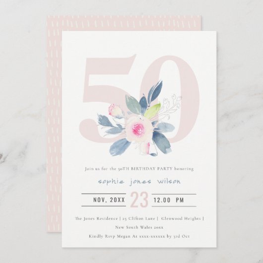 ソフトアクア赤面ブルーフローラ50TH ANY AGE誕生日 招待状 (正面/裏面)