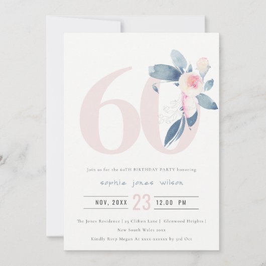 ソフトアクア赤面ブルーフローラ60TH ANY AGE誕生日 招待状 (正面)