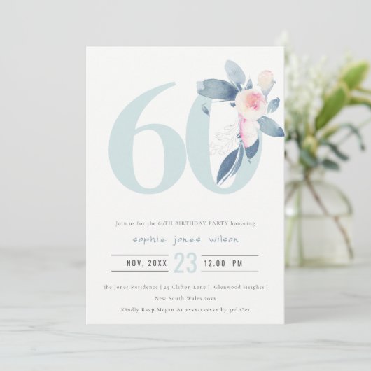 ソフトアクア赤面ブルーフローラ60TH ANY AGE誕生日 招待状 (スタンド正面)