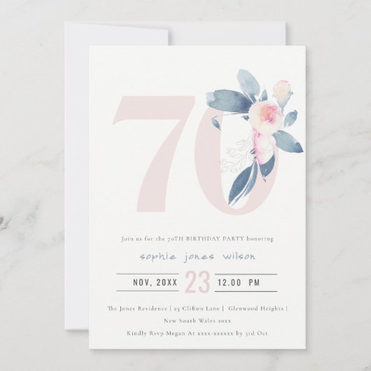 ソフトアクア赤面ブルーフローラ70TH ANY AGE誕生日 招待状 (正面)