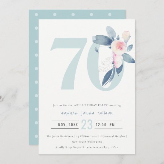 ソフトアクア赤面ブルーフローラ70TH ANY AGE誕生日 招待状 (正面/裏面)