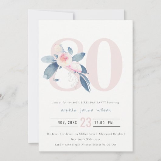 ソフトアクア赤面ブルーフローラ80TH ANY AGE誕生日 招待状 (正面)