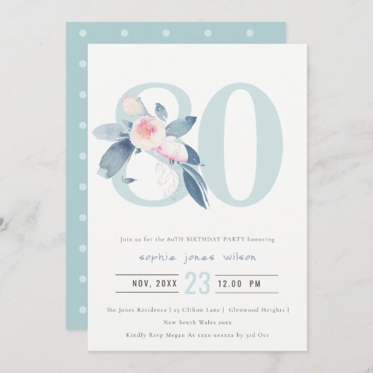 ソフトアクア赤面ブルーフローラ80TH ANY AGE誕生日 招待状 (正面/裏面)