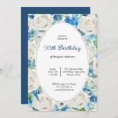 ソフトアクア赤面ブルーフローラ80TH ANY AGE誕生日 招待状 (正面/裏面)