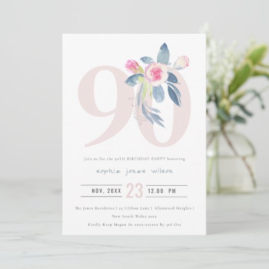 ソフトアクア赤面ブルーフローラ90TH ANY AGE誕生日 招待状 (スタンド正面)