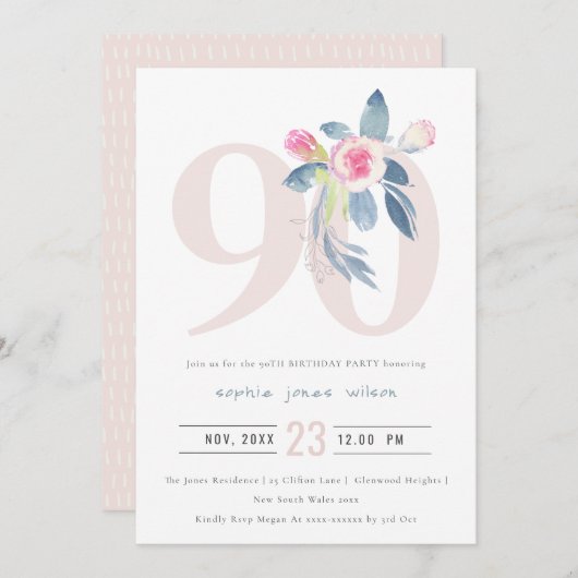 ソフトアクア赤面ブルーフローラ90TH ANY AGE誕生日 招待状 (正面/裏面)