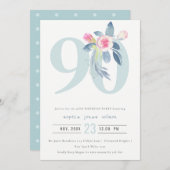 ソフトアクア赤面ブルーフローラ90TH ANY AGE誕生日 招待状 (正面/裏面)