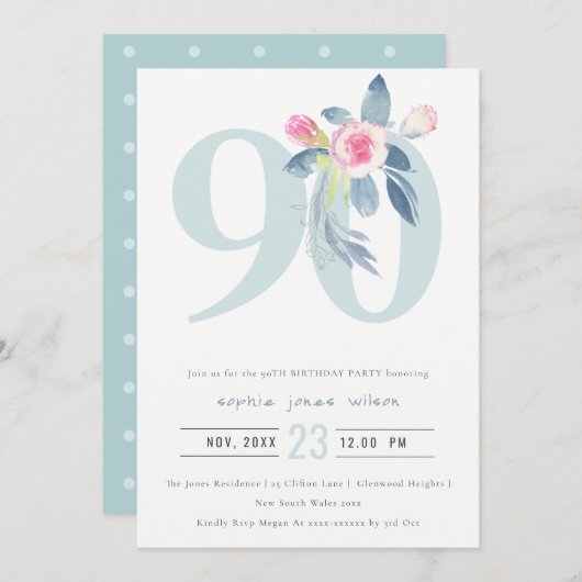 ソフトアクア赤面ブルーフローラ90TH ANY AGE誕生日 招待状 (正面/裏面)