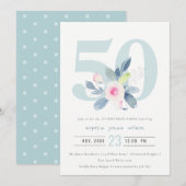 ソフトアクア ブラッシュ ブルー フローラル 50周年 誕生日おめでとうどんな年齢でも 招待状 (正面/裏面)