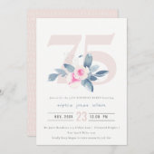ソフトアクア ブラッシュ ブルー フローラル 75周年 誕生日おめでとう 招待状 (正面/裏面)