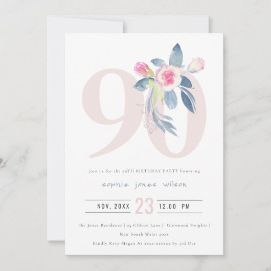 ソフトアクア ブラッシュ ブルー フローラル 90歳 誕生日 招待状 (正面)