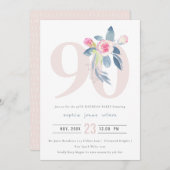 ソフトアクア ブラッシュ ブルー フローラル 90歳 誕生日 招待状 (正面/裏面)