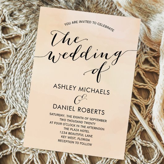 ソフトアプリコット水彩結婚式招待状、赤面 招待状