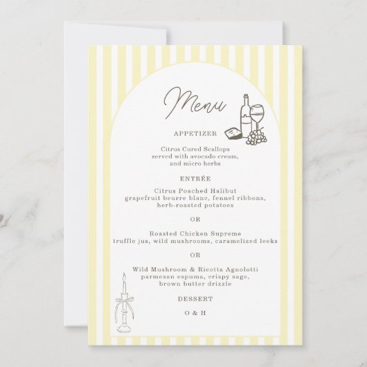 ソフトイエローのストライプがエレガントな結婚式メニューカード 招待状 (正面)
