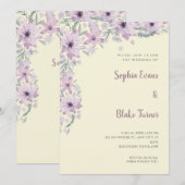 ソフトイエローの結婚式と美しいパープルの花 招待状 (正面/裏面)