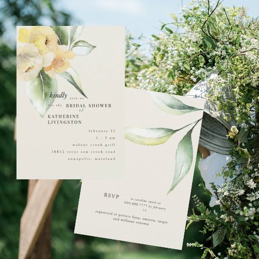ソフトイエローの花のクリーム色の結婚前お茶会 招待状
