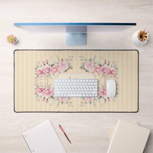 ソフトイエローストライプのフローラ デスクマット (オフィス1)