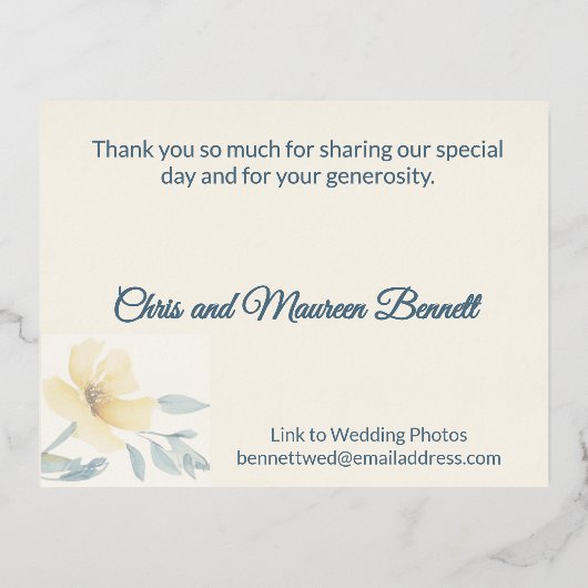 ソフトイエローフローラフォイル結婚のサンキューカード 箔招待状ポストカード (裏面)