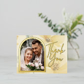 ソフトイエローフローラフォイル結婚のサンキューカード 箔招待状ポストカード (立ち正面)