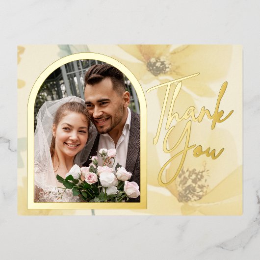 ソフトイエローフローラフォイル結婚のサンキューカード 箔招待状ポストカード (正面)