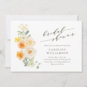 ソフトイエローフローラ水色スクリプトブライダルシャワー 招待状 (正面)