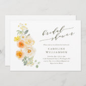ソフトイエローフローラ水色スクリプトブライダルシャワー 招待状 (正面/裏面)