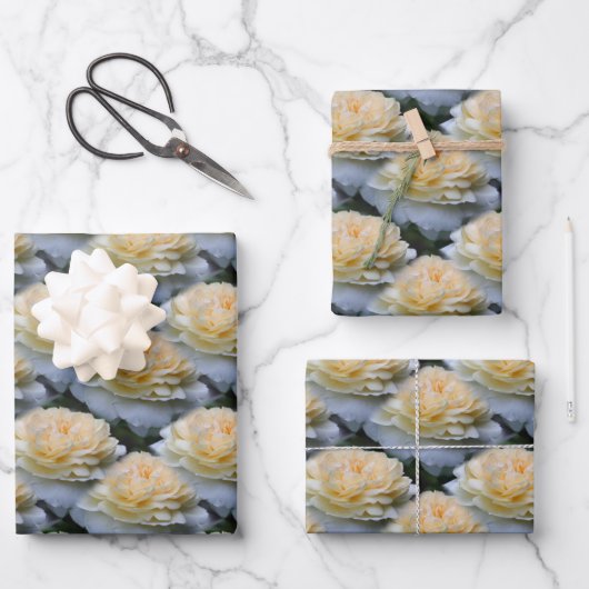 ソフトイエローローズフラワーパターン自然 ラッピングペーパーシート (正面)