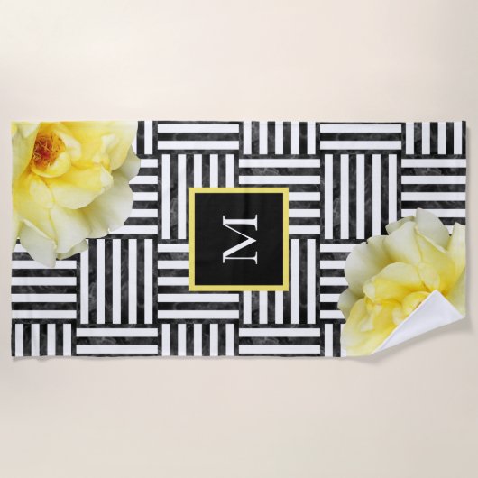 ソフトイエローローズブラックとホワイトブロックストライプ ビーチタオル (正面)