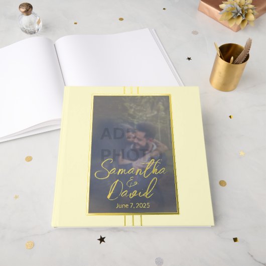 ソフトイエロー金ゴールドフォト結婚ズフォイルゲストブック ゲストブック (正面見開き)