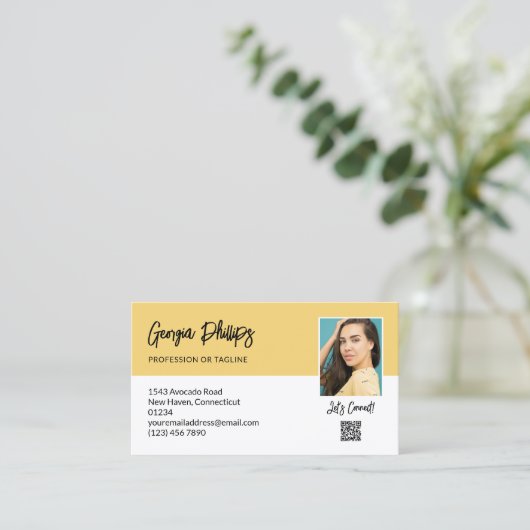 ソフトイエローQRコードの写真を接続しよう 名刺 (スタンド正面)
