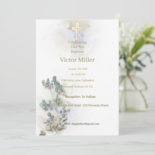 ソフトウォーターの色とゴールデンクロスバプテスマの招待 招待状 (スタンド正面)