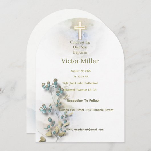 ソフトウォーターの色とゴールデンクロスバプテスマの招待 招待状 (正面/裏面)