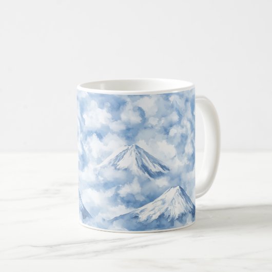 ソフトウォーターカラーの山々 雪雲 青と白 コーヒーマグカップ (正面右)