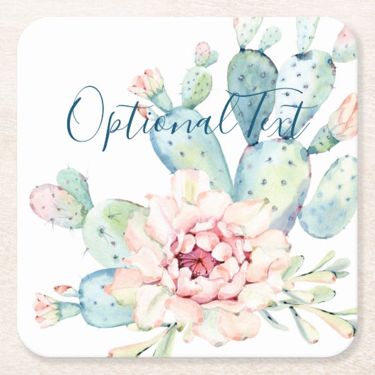 ソフトウォーターカラーパステルブルーミングサボテン スクエアペーパーコースター (正面)
