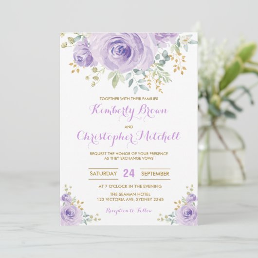 ソフトウォーターカラーパープル薄紫フローラ結婚披露宴 招待状 (スタンド正面)