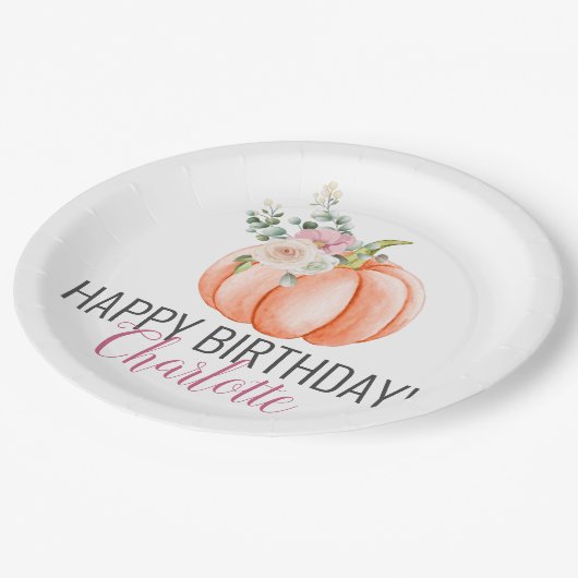 ソフトウォーターカラーフローラカボチャ誕生日 ペーパープレート (アングル)