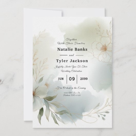 ソフトウォーターカラーフローラセージ結婚グリーン 招待状 (正面)