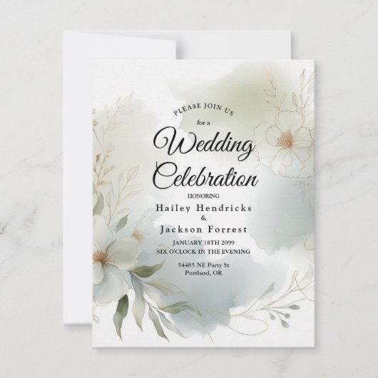 ソフトウォーターカラーフローラセージ結婚グリーン 招待状 (正面)