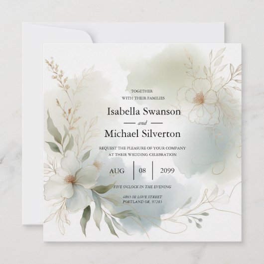 ソフトウォーターカラーフローラセージ結婚グリーン 招待状 (正面)