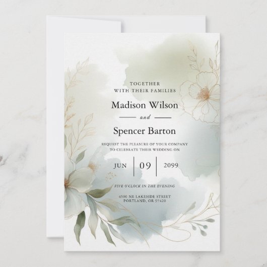 ソフトウォーターカラーフローラセージ結婚グリーン 招待状 (正面)