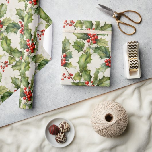 ソフトウォーターカラーホリー&ベリーエレガンスデザイン ラッピングペーパー (クラフト)