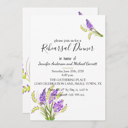 ソフトウォーターカラーラベンダーとグリーン花模様 招待状 (正面/裏面)