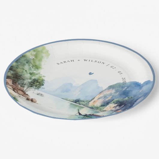 ソフトウォーター色タイ沿岸シースケープ結婚ス ペーパープレート (アングル)