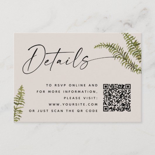 ソフトウォームタウペのシダの結婚式の詳細。植物のQR エンクロージャーカード (正面)
