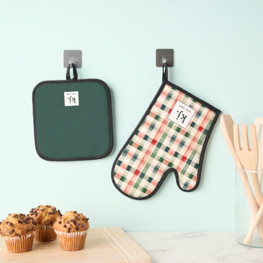 ソフトエバーグリーンギンガムモノグラム 鍋つかみ&鍋敷きセット (インサイチュ (吊り下げ))