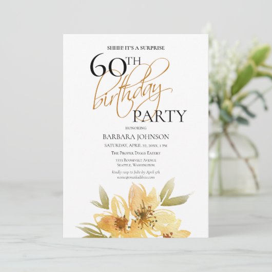 ソフトエレガントイエローフローラサプライズ60誕生日 招待状 (スタンド正面)