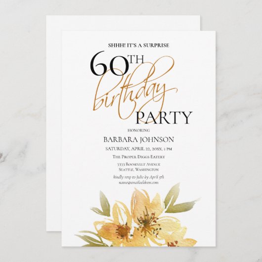 ソフトエレガントイエローフローラサプライズ60誕生日 招待状 (正面/裏面)