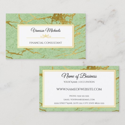 ソフトエレガントグリーンと金ゴールドフェイク大理石会計士 名刺 (正面/裏面)