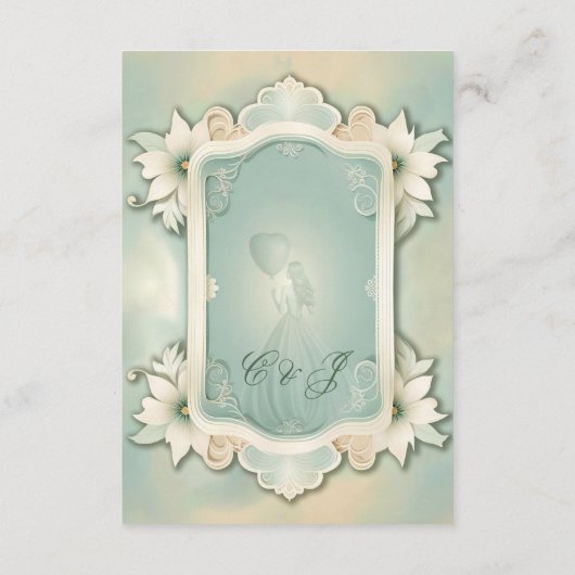 ソフトエレガントグリーンフローラデザイン。 エンクロージャーカード (裏面)